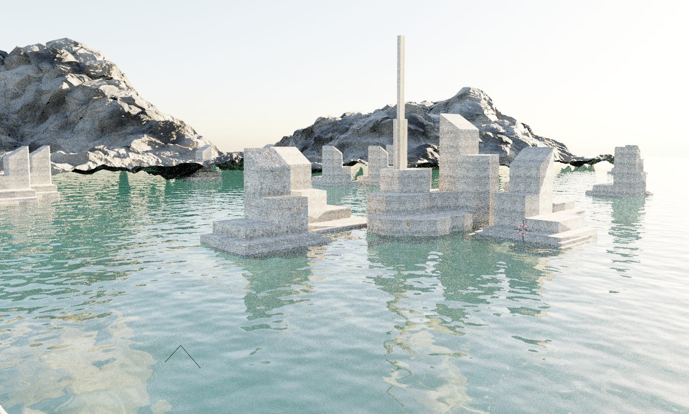 Aerial floating structures with mountain backdrop