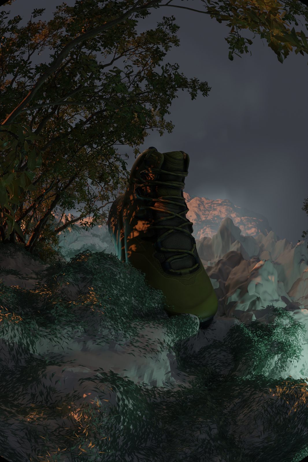 Boot resting on mossy rocky terrain with mountains beyond